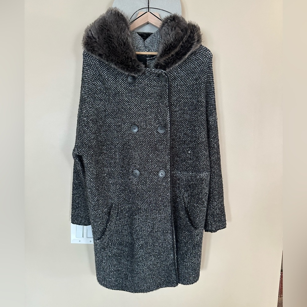 oversized grey knit jacket with fur hood
